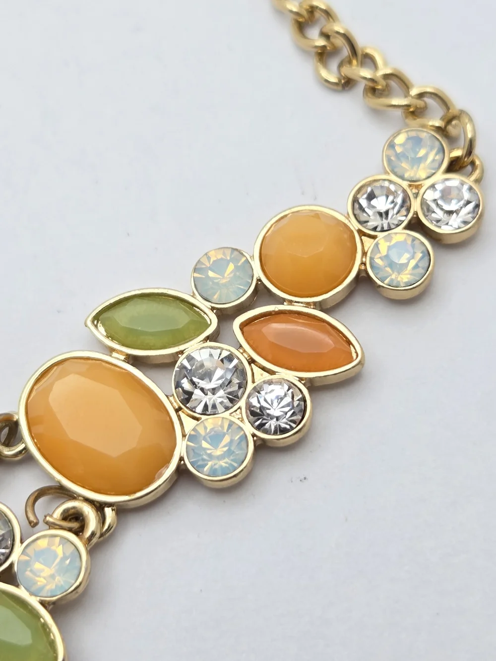 Vibrant Citrus Bib Statement Necklace Gold Tone Rhinestone Orange Green 19.5
